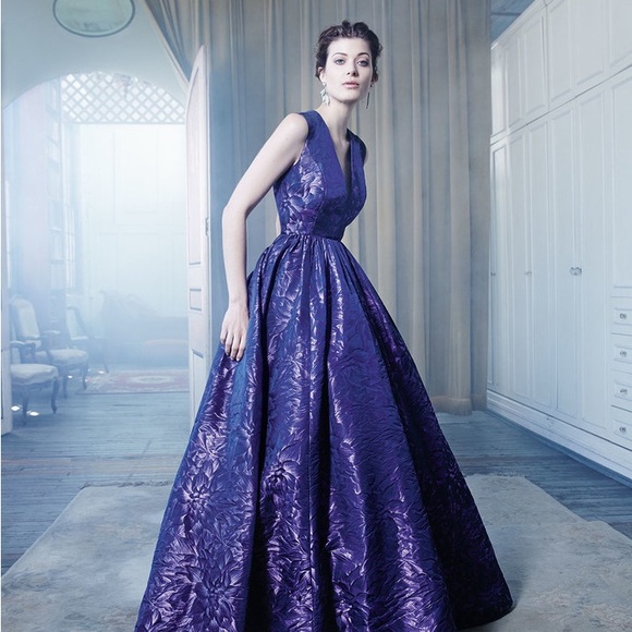 Monique Lhuillier Purple Jacquard Floral Ballgown Sleeveless